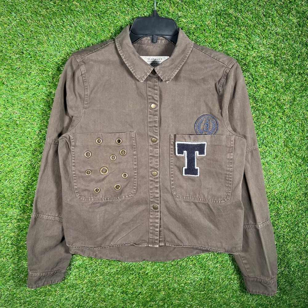 Zara Trafaluc Brown Cropped Utility Jacket Varsity Patch Grommet Small